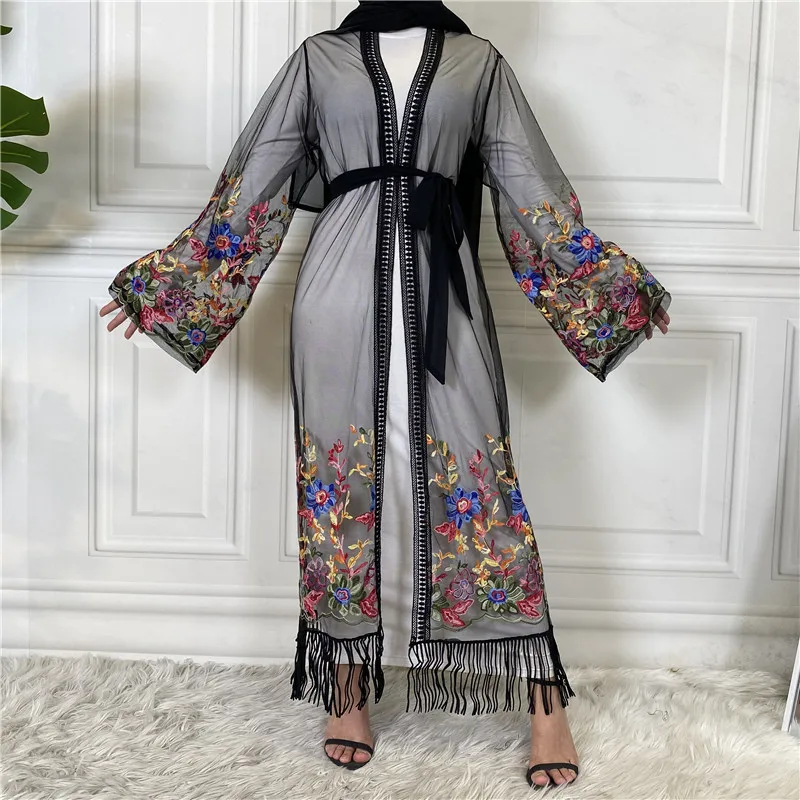 

Dubai Mesh Embroidered Maxi Dress Women Tassel Open Abaya Muslim Party Gown Islamic Jilbab Moroccan Kaftan Eid Ramadan Caftan