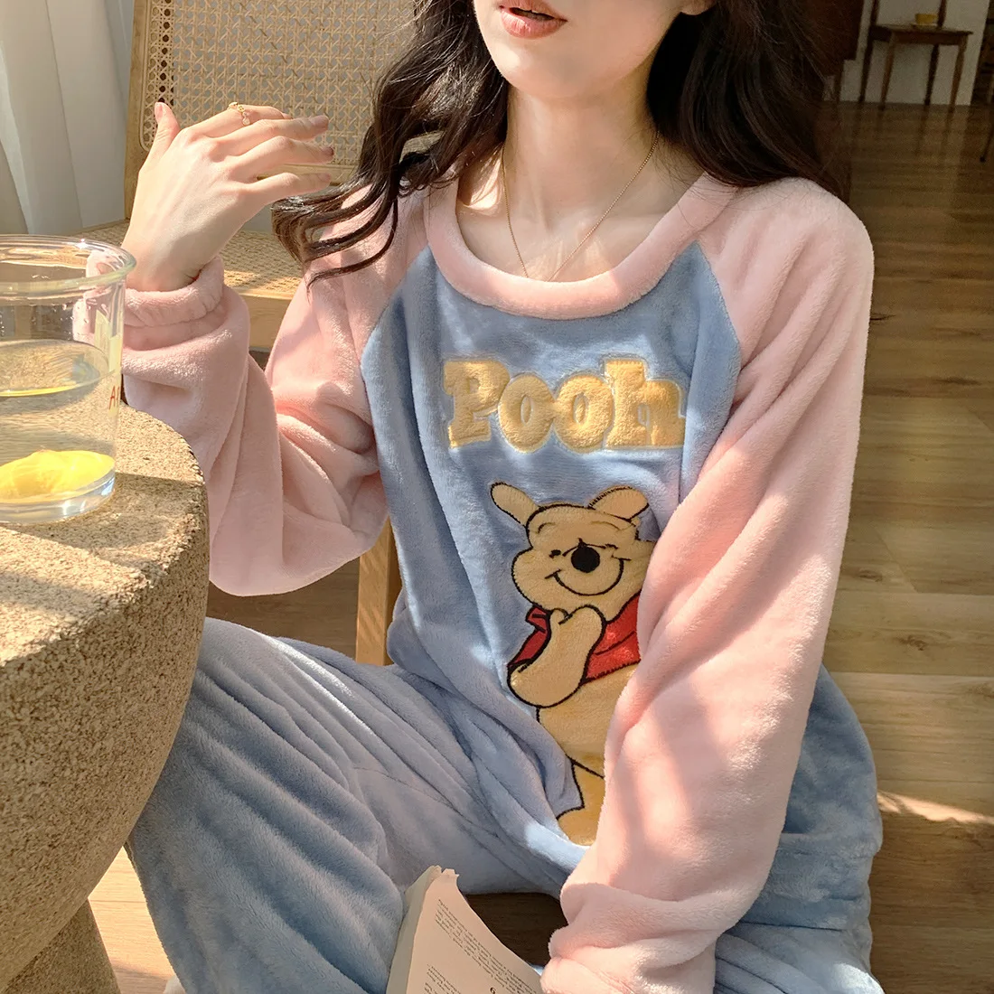 

Disney Pooh Pajamas Coral Fleece Warm Pajamas Women's Winter Thickening Plus Velvet Cartoon Cute Home Clothes Flannel Suit