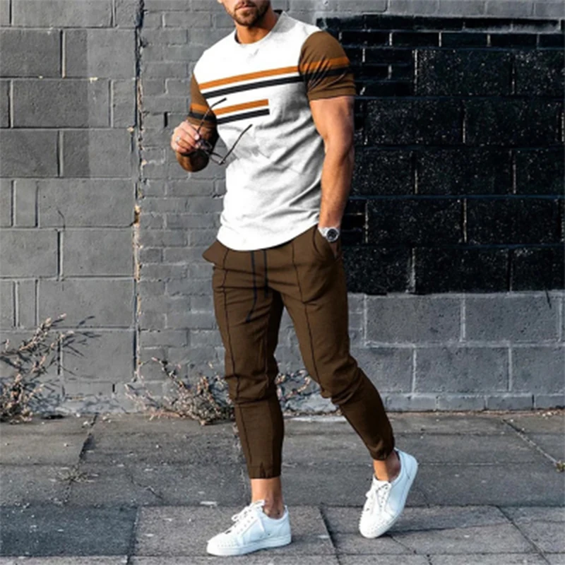 2023 Summer Men's New Super Large 3D Stripe Contrast Color T-shirt+Pants Two Piece Set of Fashion Casual Street Sportswear Europ
