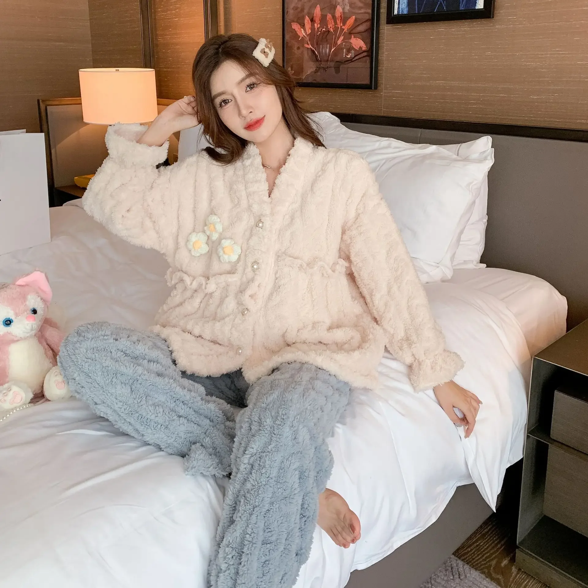 Новый Зимний вязаный кардиган жаккардовая флисовая женская одежда для сна с