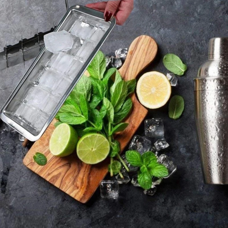 

Lever-Style Ice Tray 2 In 1 Stainless Steel Ice Making Mold and Ice Cracker Easy-Release Square Shape Cube Trays Molds