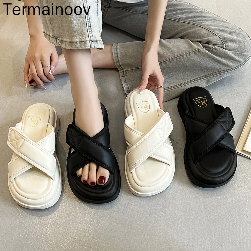 

Женские шлепанцы Termainoov с открытым носком, летняя брендовая Повседневная пляжная обувь с бантом, Нескользящие, на платформе