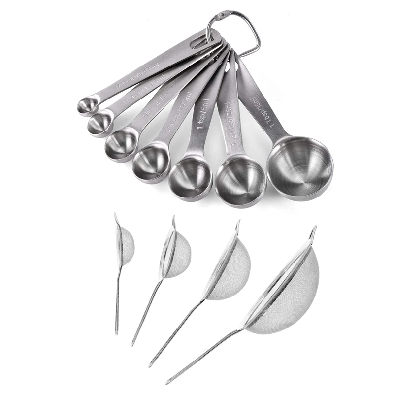 

7X Stainless Steel Measuring Spoons & 4Pcs Colander Strainer Colander Strainer Set 7/12/16/22 Cm Made Of Stainless Steel