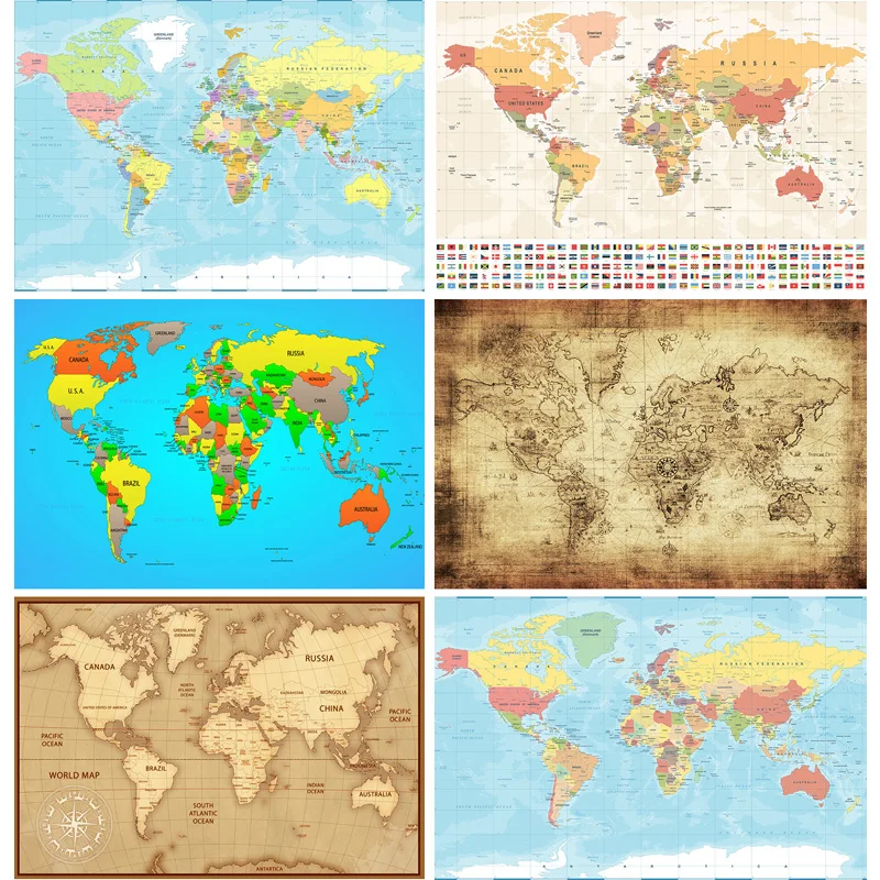 

Vinyl Photography Backdrops Props Physical Map of The World Kids World Map With Animals and Objects Studio Background 22625-21