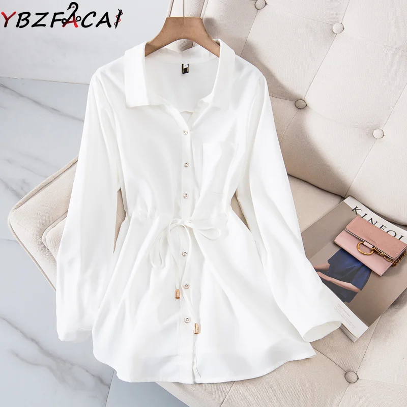 

Женское свободное платье-рубашка, Осеннее белое однобортное платье-рубашка свободного покроя с отложным воротником, черное элегантное офи...