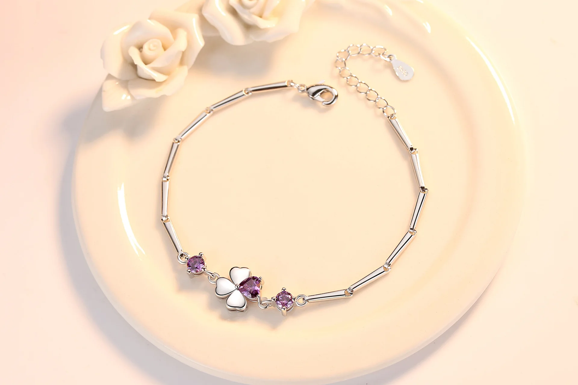 Браслет из стерлингового серебра 925 пробы с натуральным аметистом и четырьмя