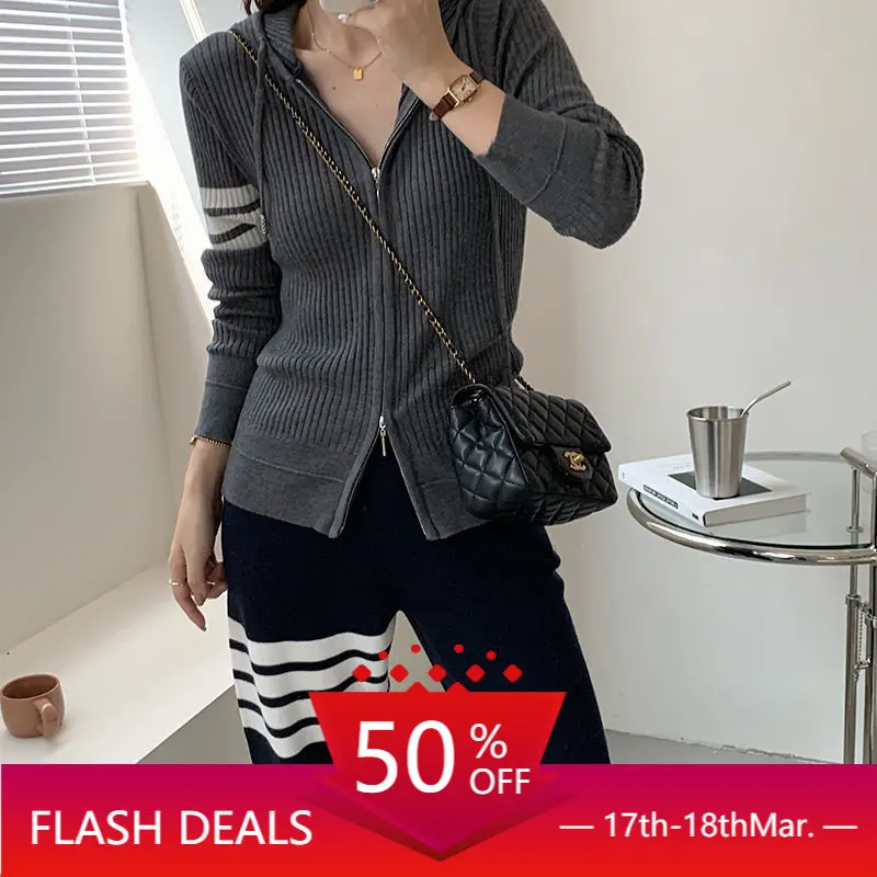 

TB Pit Stripe Hooded Zippered Cardigan Women's Four Stripes Pure Desire To Show Thin Long-sleeved Sweater Sweater Coat Net Red