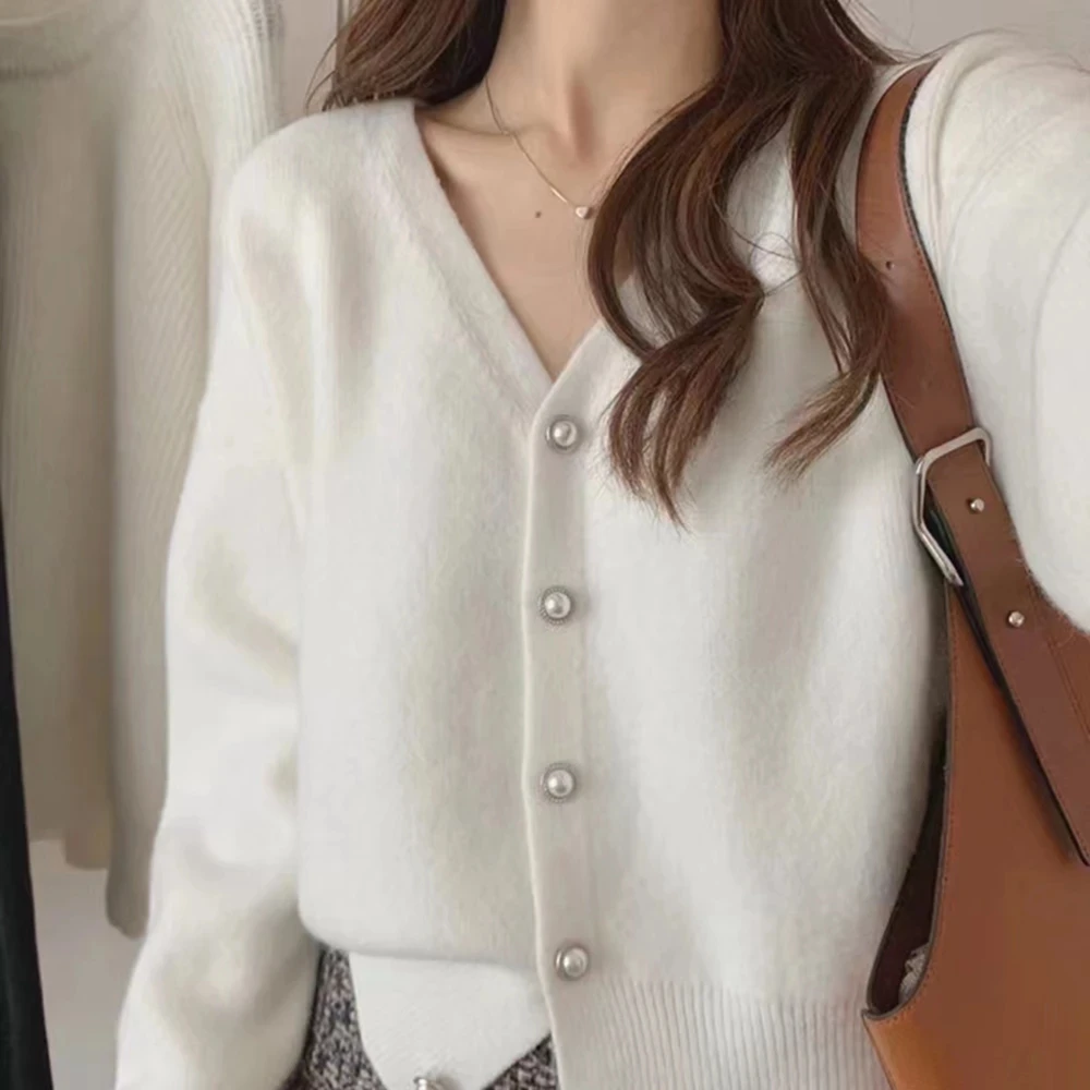 

Warm Knitted Cardigan Women Sweater Korean Fashion Blue V-Neck Lady Clothes Soft Casual Pink Loose Coat 2022 Fall Winter