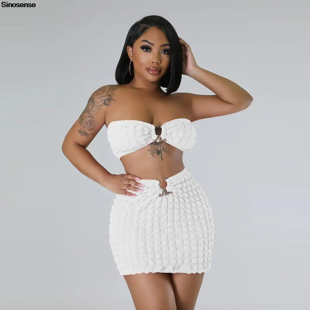 

Women Seersucker Roll Two 2 Piece Dress Set Sexy Strapless Crop Top Bodycon Mini Skirt Suits Y2K Streetwear Club Party Outfits