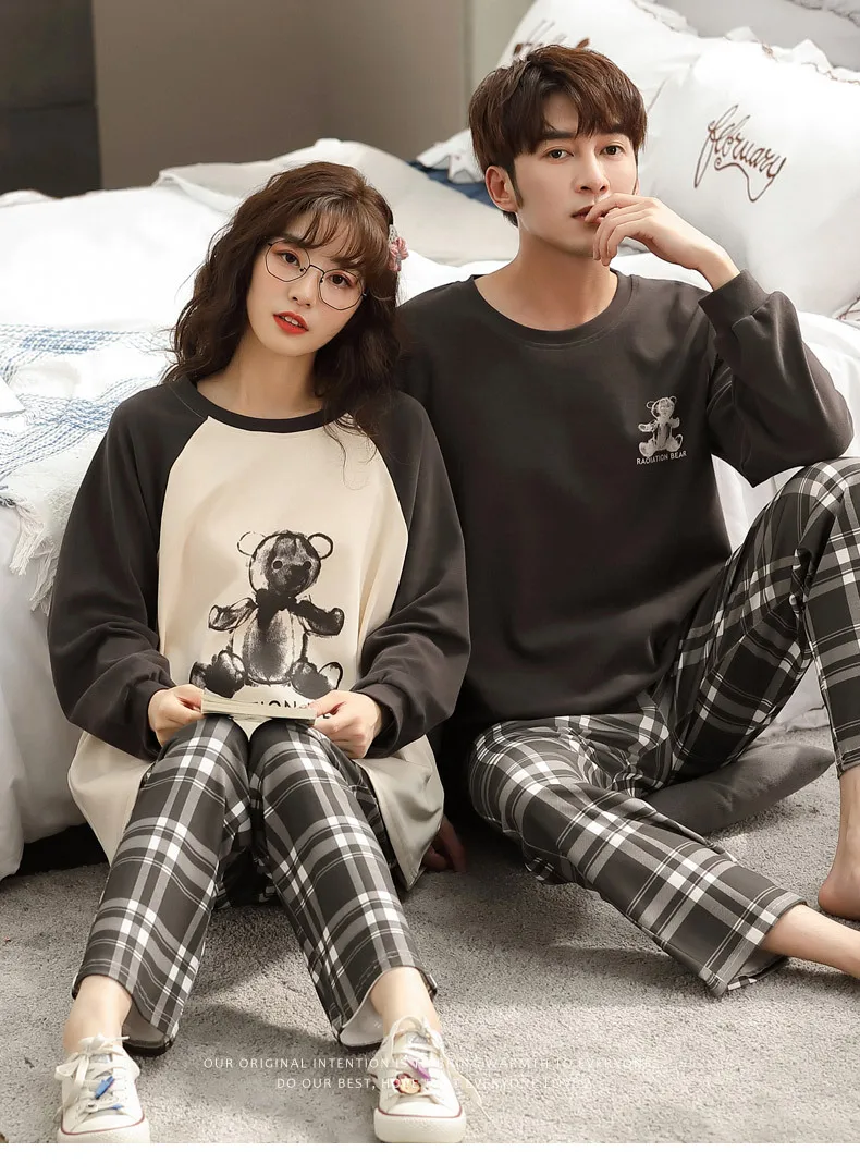 Yasuk Spring Autumn Fashion Women's Casual Soft Cotton Sleepwear Homewear Couple Pajamas Set With Pants Plaid Bear Unisex