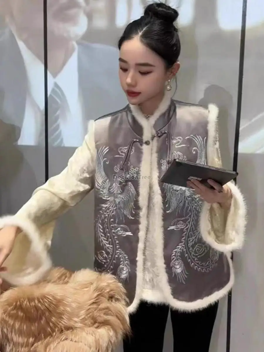 

2023 new chinese thicked retro national style vest women's autumn and winter stand collar sleeveless vintage embroidery vest