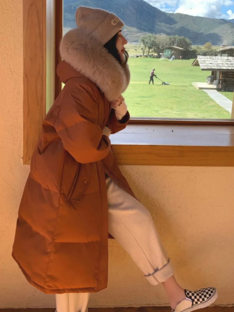 2022 Winter High Quality Fur Collar Long Padded Coat For Women Thick Warm Overcoat Female Loose Pocket Zipper Outerwear