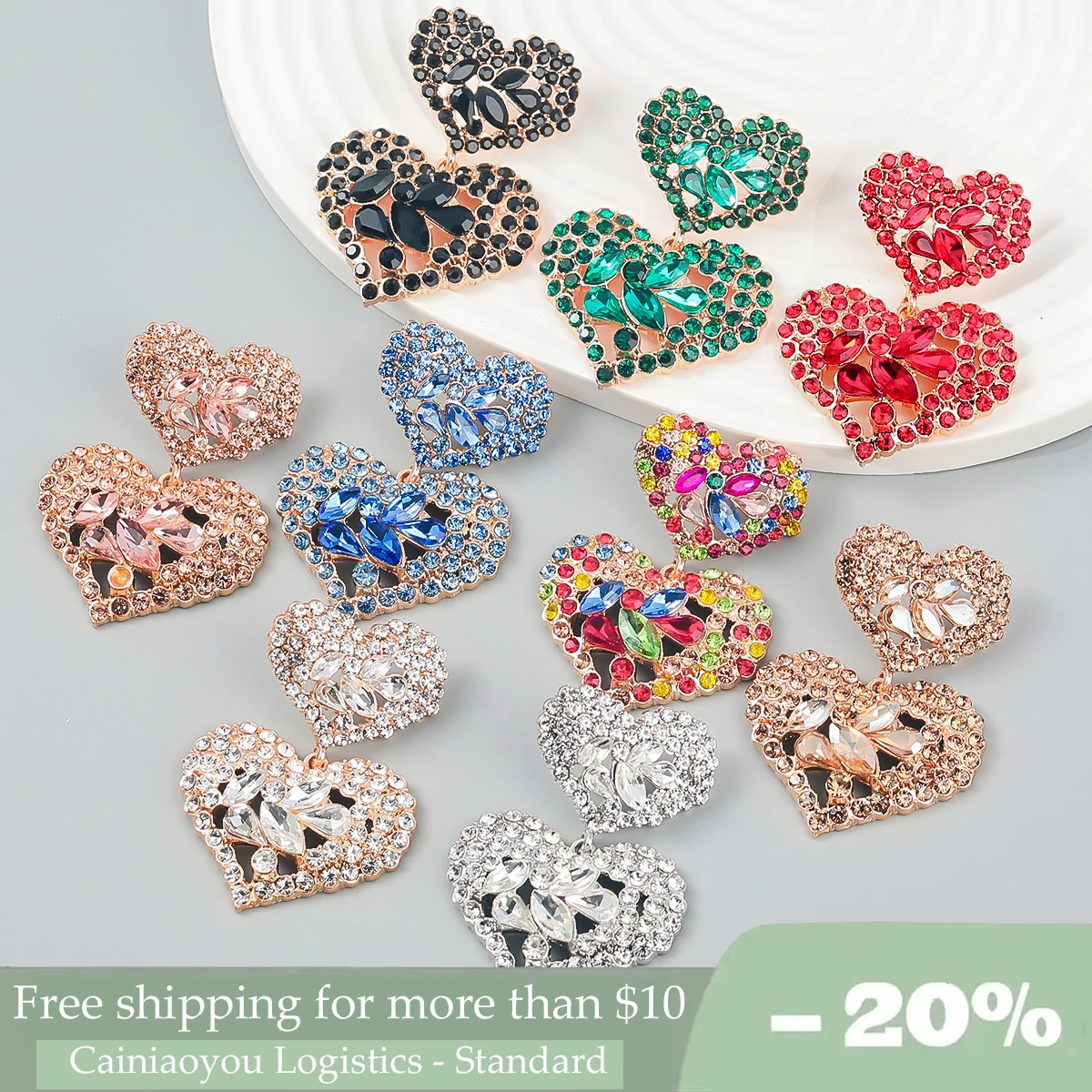 

New Multicolored Rhinestone Heart Swing Earrings for Women Dinner Wedding Accessories Fashion Statement Jewelry Drop Earrings