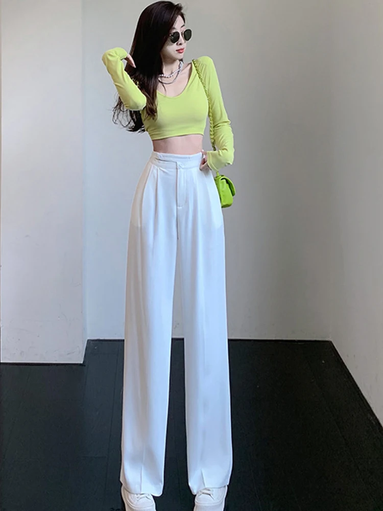 

Korean Style Elegant Office Pants For Women 2022 High Waist Hollow Trousers Street Clothes Lady Straight Wide Leg Loose Pants