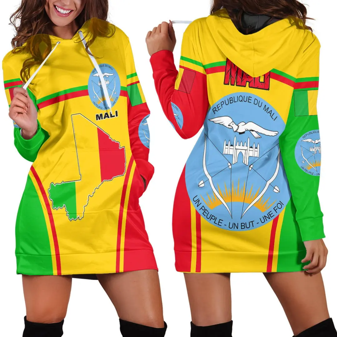 

New Autumn and Winter African Clothing Hoodie Sweatshirt Dress Simple Street Print Sweatshirt Dress - Mali Flag Hoodie Dress