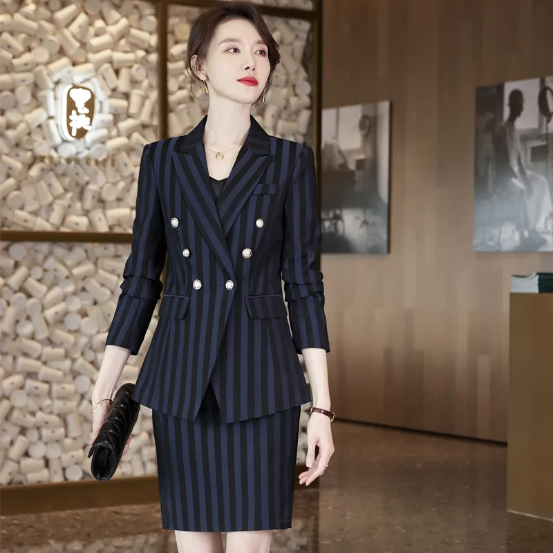 IZICFLY Fall Winter Uniform Business Outfit Suits with Trouser Wine Red Striped Office Professional Clothes For Women Work Wear