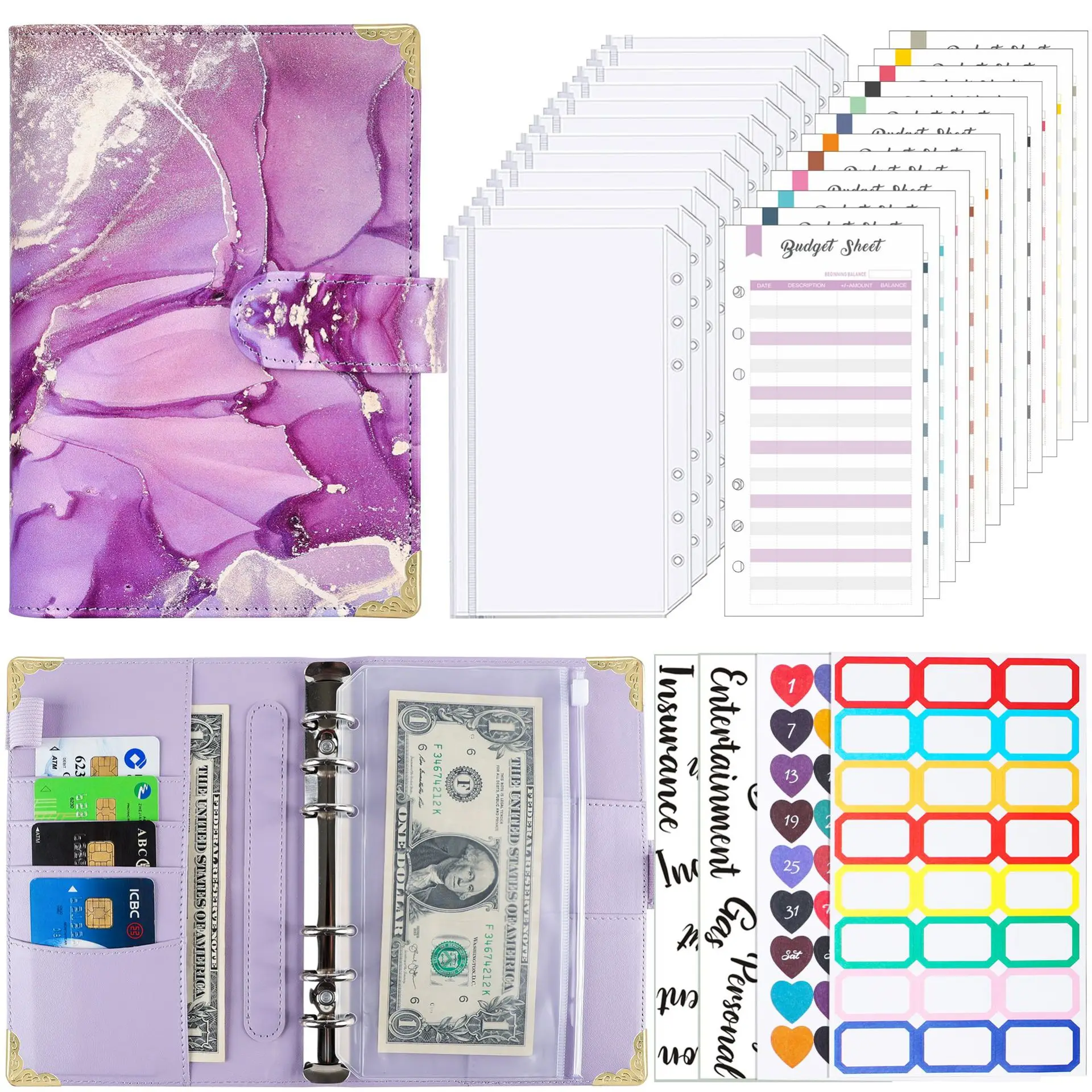 

Budget Binder, A6 Marble PU Leather Binder, Money Organizer Cash Envelopes Budget Planner with 12 Zipper Cash Envelopes
