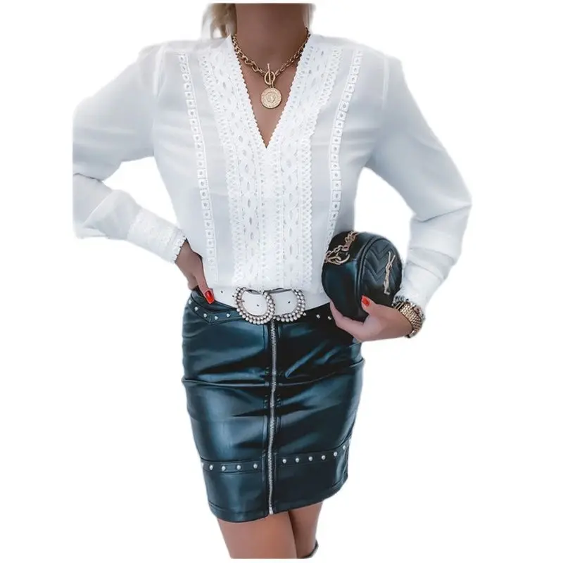 

2022 Lace Flowers Spring Shirt Sexy V-neck Autumn Long Sleeves Tops Office Ladies Women Blouse 3 Styles Drop Shipping