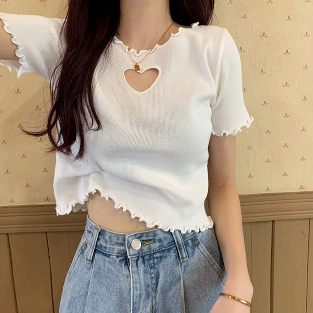 

Goth Dark E-girl Style Patchwork Black T-shirts Gothic Open Shoulder Sleeve Y2k Crop Tops Ruffles Hem Hip Hop Techwear Women Tee