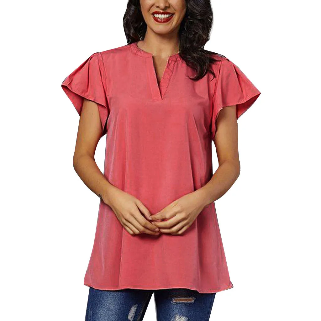 

Women's Shirts Womens Frill V Neck Casual Short Sleeve T-Shirt Ladies Summer Loose Tops Blouse Solid Color Top