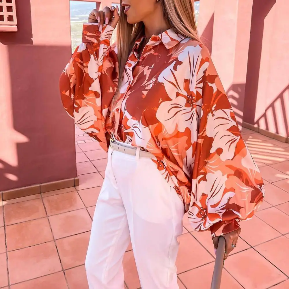 

2022 Summer Print Women's Shirt Single Breasted Lantern Sleeve Loose Shirts Female Elegant Casual Vintage Office Ladies Clothes