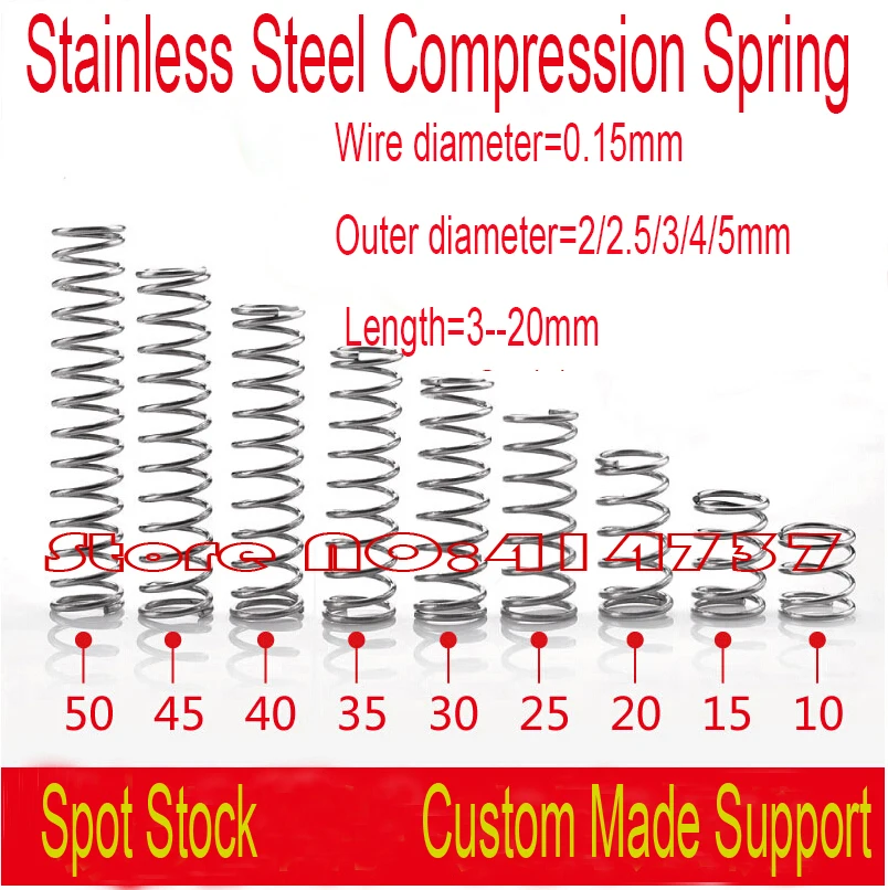 

50 шт., 0,15 мм, проволока, наружный диаметр = 2/2,5/3/4/5 мм, прецизионные пружины, точечные пружины, пружины сжатия