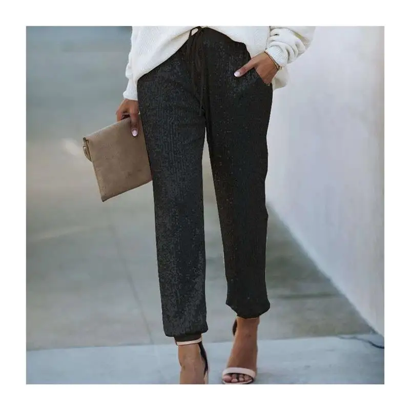 Sequined Sequins Elastic with and Cuffs Trousers