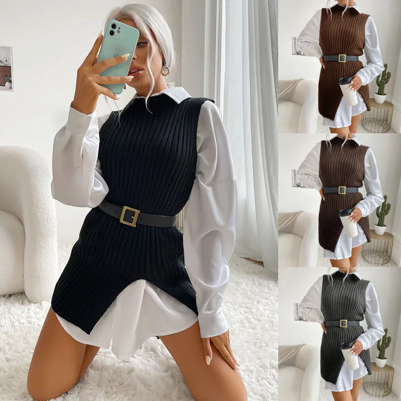 

Top women's Split solid knitted sweater vest autumn new loose V-neck sleeveless elegant fashion casual vest sweaters pullover