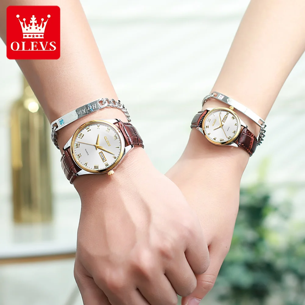 OLEVS 5568 Business Quartz Couple  Wristwatch Great Quality Dual Calendar Alloy Strap Waterproof Watch for Couple Luminous