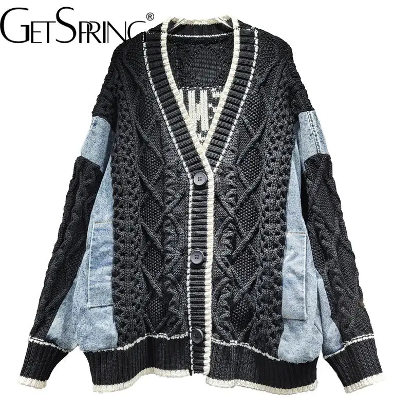 

GetSpring Women Sweater Temperament V Neck Patchwork Single Breasted Knit Cardigan Fashion Loose Casual Knitwear All Match Coat