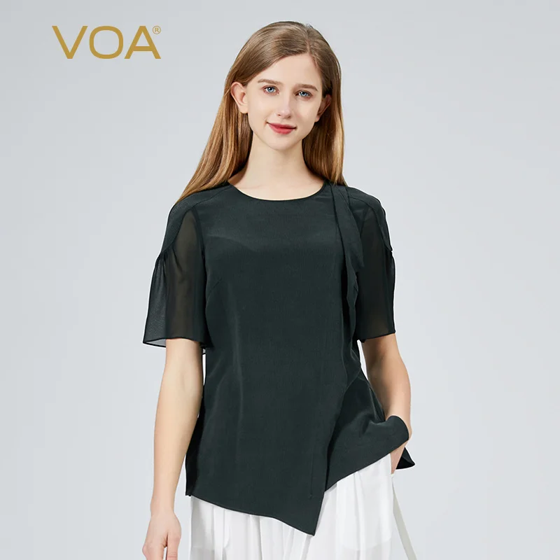 

VOA 40 Momme Ghost Mulberry Silk Green O-neck Short Sleeve Tops Three-dimensional Decoration Asymmetrical Silk T-shirt BE1066