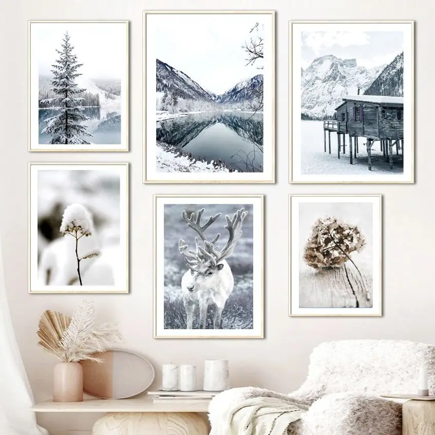

Настенная картина с изображением зимнего снежного леса озера оленя кабины растений на холсте скандинавские постеры и принты настенные кар...
