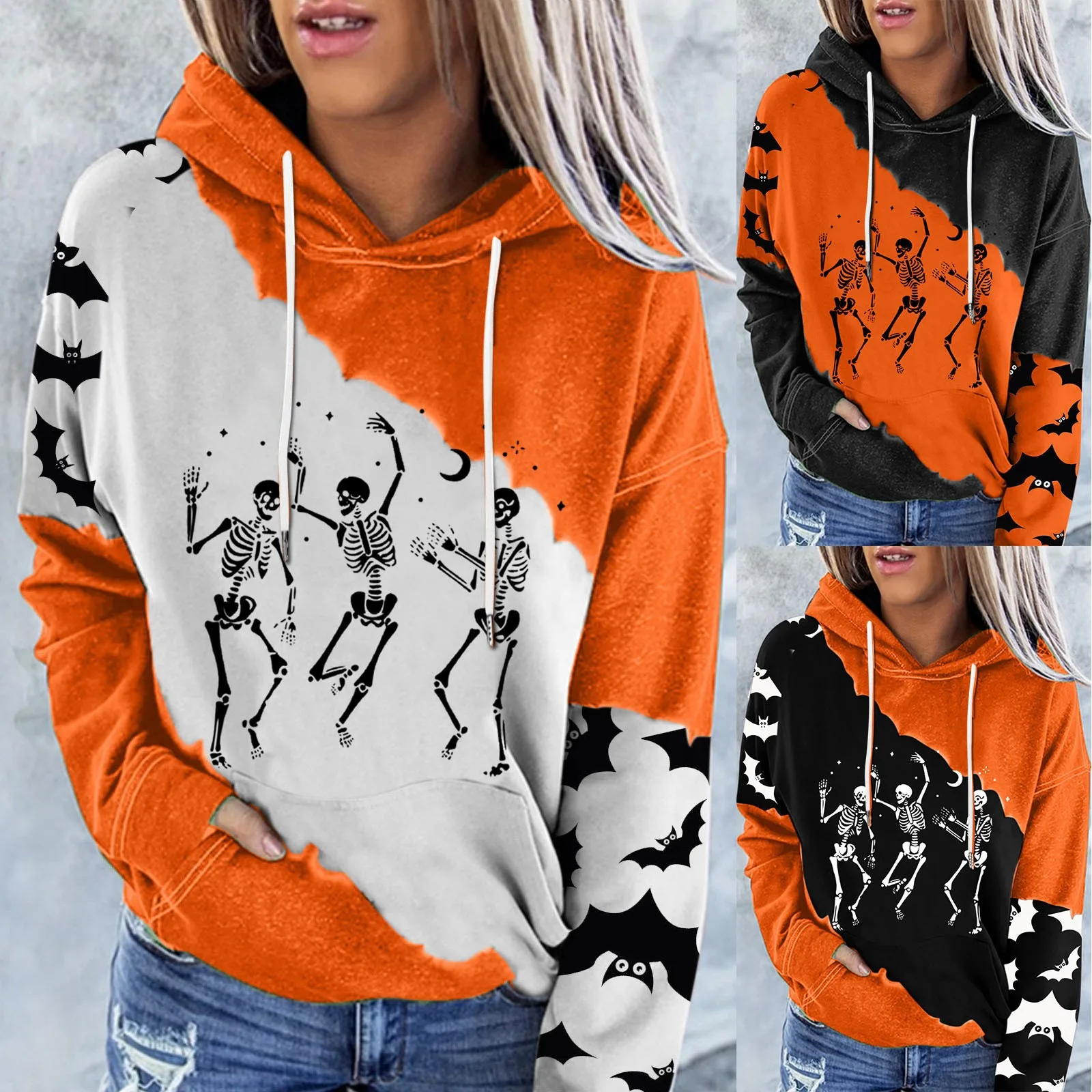 

Women's Halloween Casual Colorblock Printed Long Sleeve Hooded Sweatshirt Top Long 6x Womens Clothes V Neck Blouse