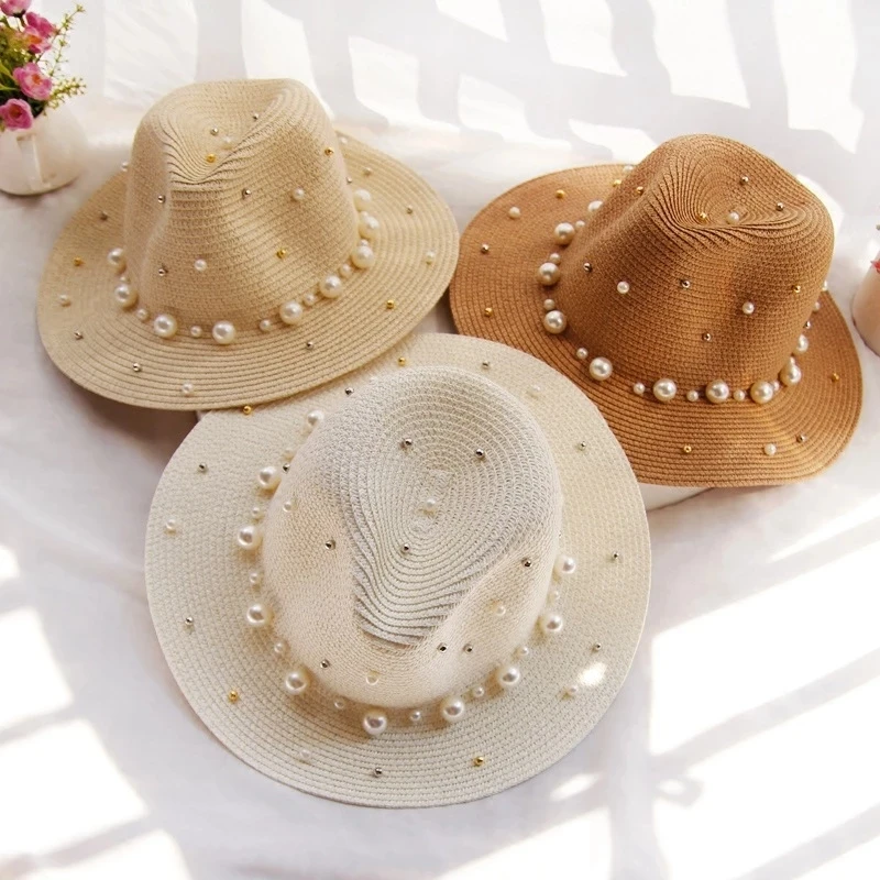

Luxury Elegant Pearl Straw Sun Hat Women Summer Wide Brim Sunscreen Fedora Hats Vacation Travel Seaside Beach Cap chapeau
