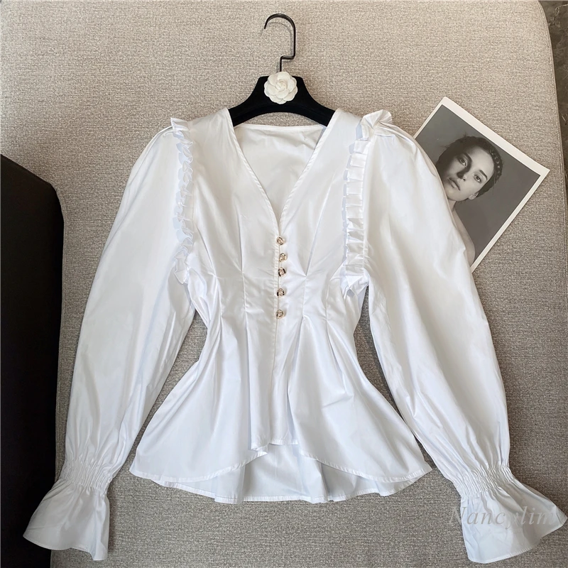 

Women's Shirt 2022 Spring and Summer New Sexy Socialite V-neck Buckle Long Sleeve Black and White Top Ladies Blouse Blusas