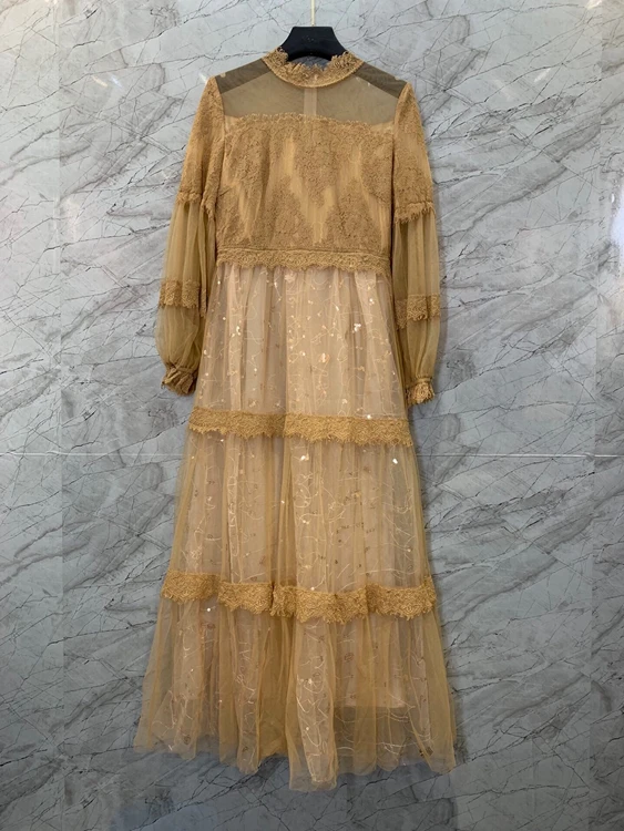 

Новинка 2022, женское модное Сетчатое кружевное Прозрачное платье с длинным рукавом и блестками, 0124