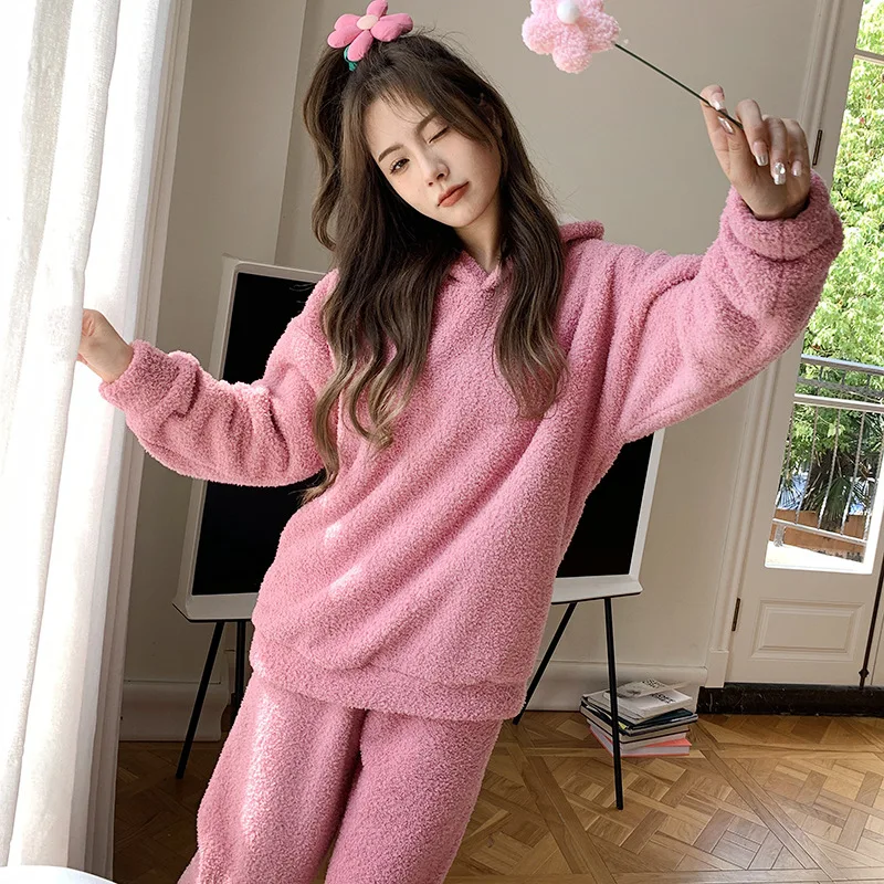 

Fdfklak Cute Student Sleepwear Set New Hooded Thicken Flannel Home Clothes Long Sleeve Pyjamas Women Warm Pijama Mujer