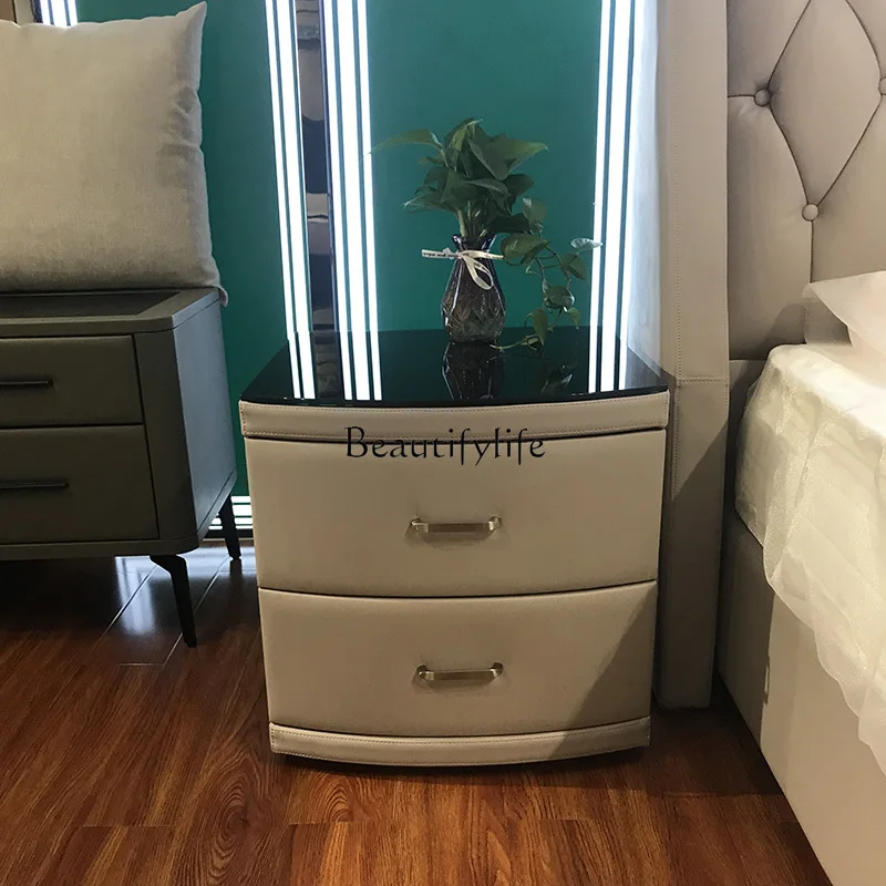 Современный минималистичный темно-синий кожаный прикроватный шкафчик из