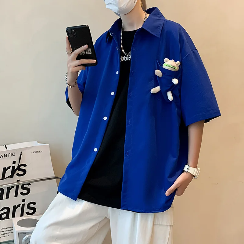 Black Shirts Men Summer Cartoon Doll Bear Blouse Fashion Vintage Cardigan Short Sleeve Tops Casual Male Y2K Clothes Streetwear