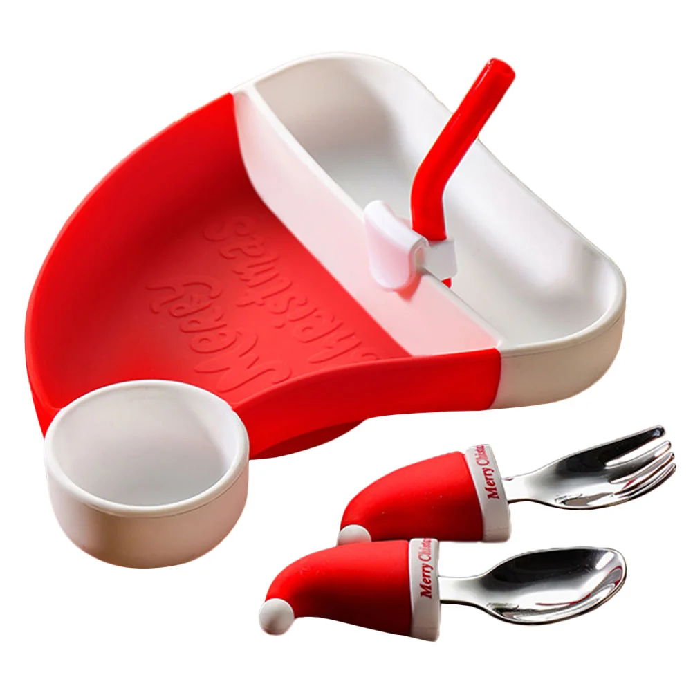 

Silicone Baby Feeding Plate Santa Hat Shape Divided Tray Spoons Fork Straw Toddler Dishes Platter Xmas Party Favor