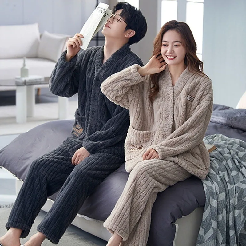 QUHENG Autumn Long Sleeve Thick Warm Flannel Pajama Sets for Men Coral Velvet Sleepwear Suit Winter Pyjamas Homewear Clothes