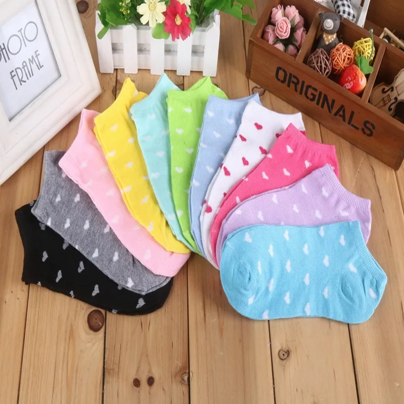 10pairs Women's Socks Candy Color Solid Color Love Dots Ankle Socks Low Cut Socks