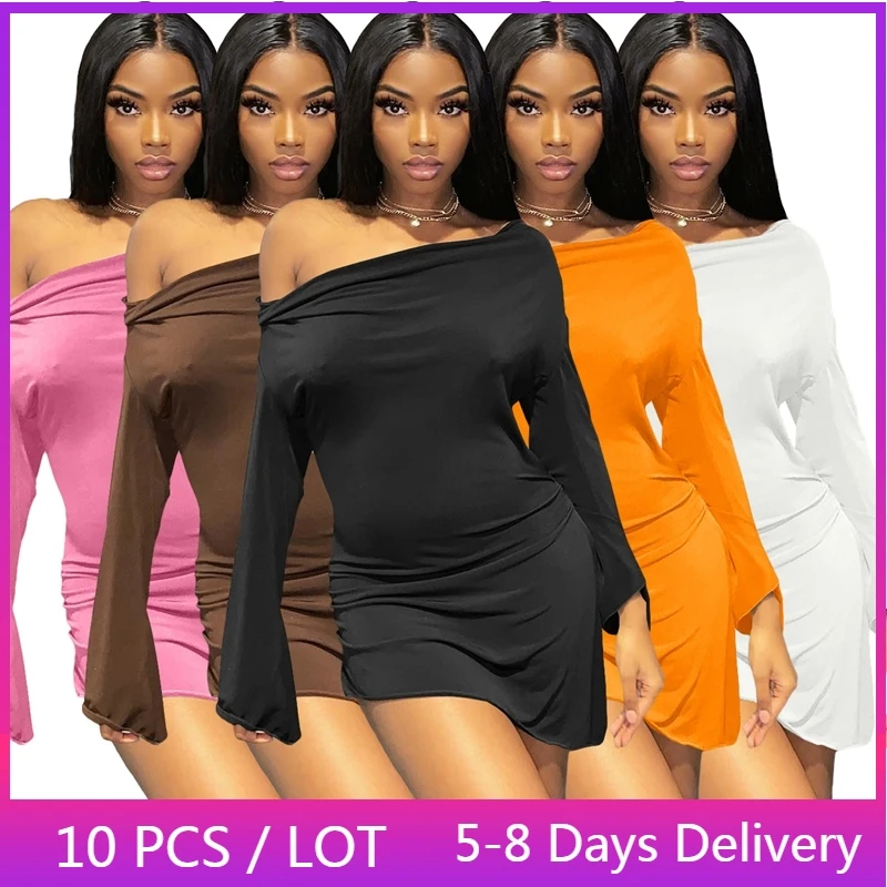 

Wholesale Items for Resale In Bulk Clothes for Women Solid Bodycon Mini Dress Long Sleeve Off Shoulder Short Party Dresses Club