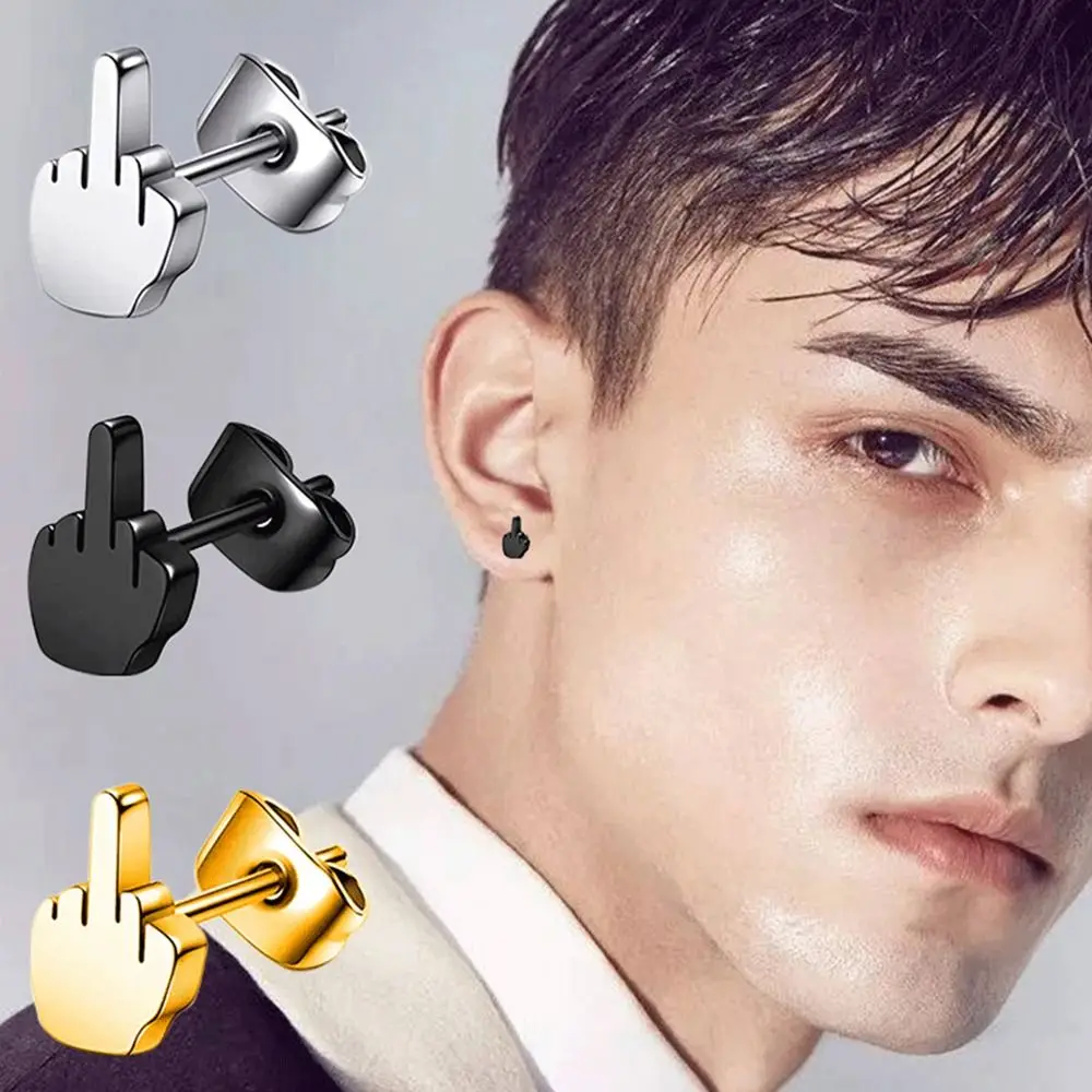 

2Pcs Stainless Steel Black Middle Finger Up Studs Earring for Women Men Punk Cool Gold Silver Plated Ear Jewelry