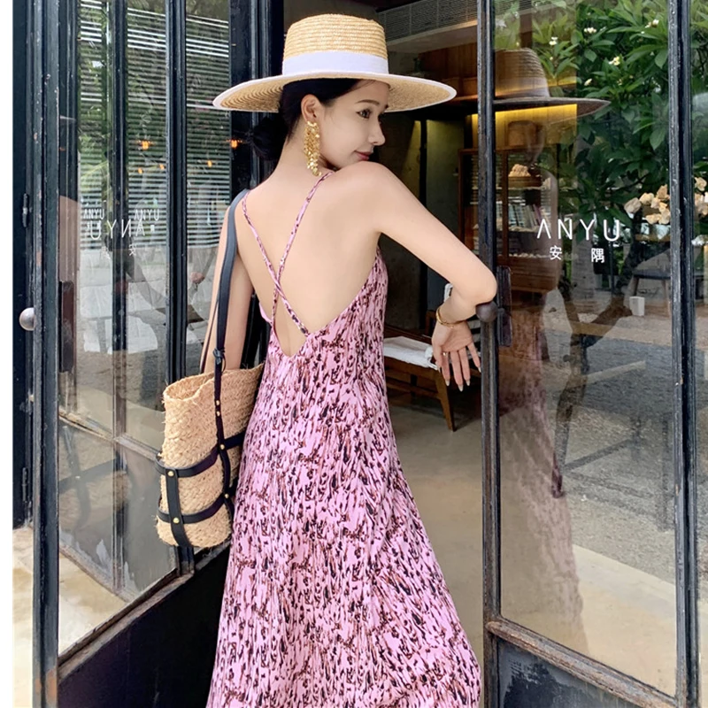 

Женское длинное платье с леопардовым принтом, летнее розовое облегающее платье с открытой спиной для отпуска, модель Y2K, 2023