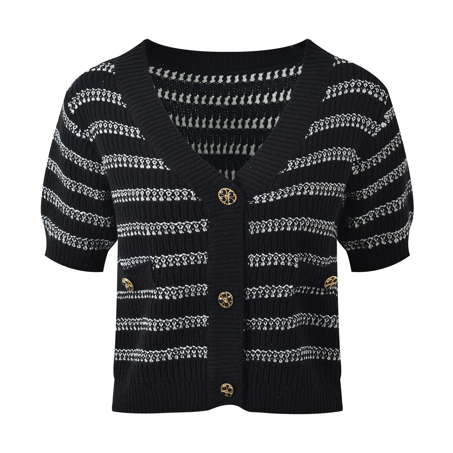 2024 Summer Contrast Color Stripe V-neck Single-Breasted Short sleeve Knit cardigan Fashion Commuter Versatile Age-Reducing S...