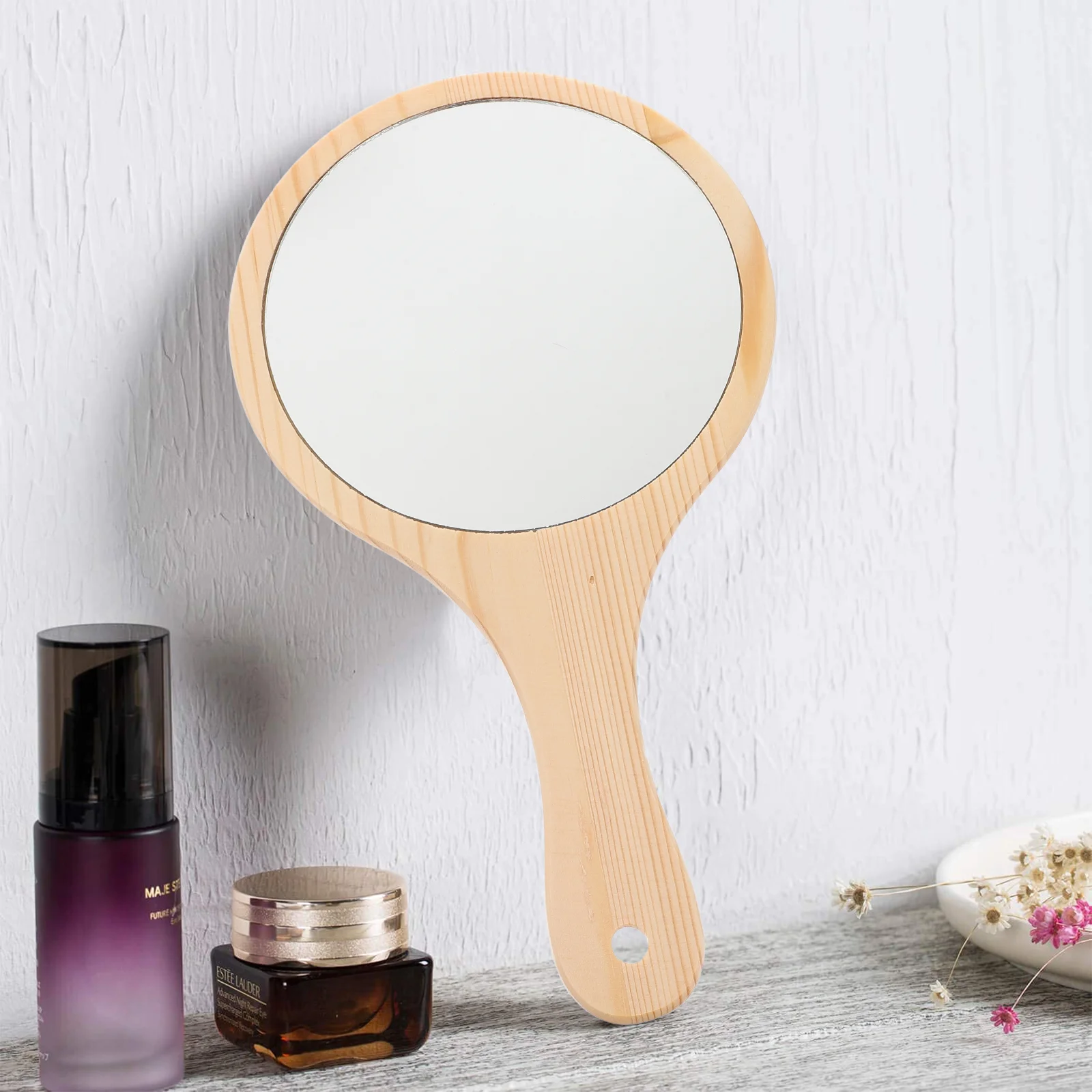 

Wooden Handle Mirror Women Makeup Vanity Handheld Mirrors Tool Woman Portable With led light