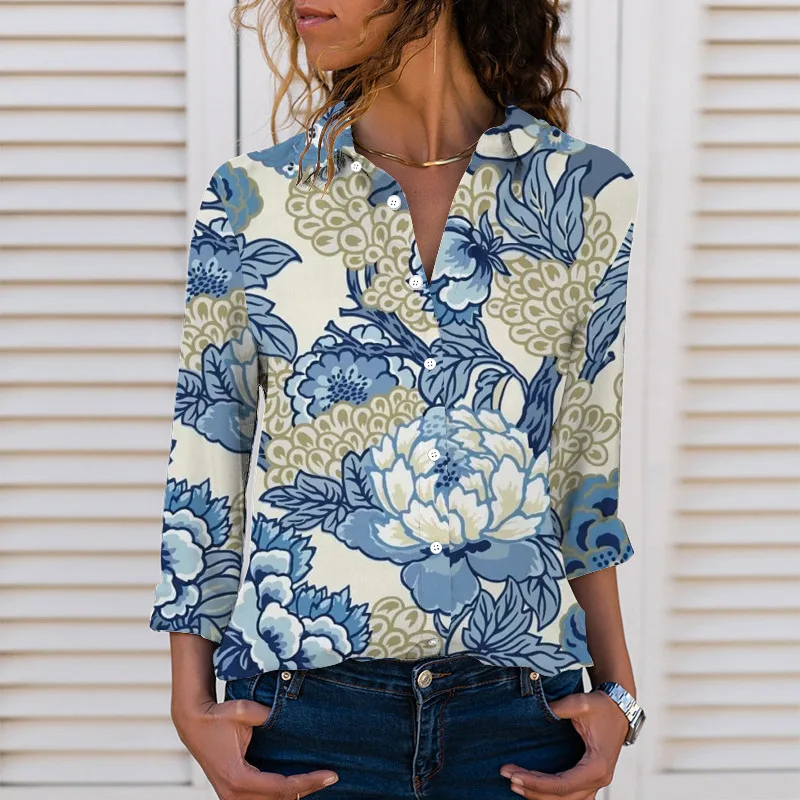 

Новинка, осенние женские рубашки в стиле Харадзюку С Длинным Рукавом, отложным воротником, 3D принтом, цветочный узор, уличная одежда, топы, ж...