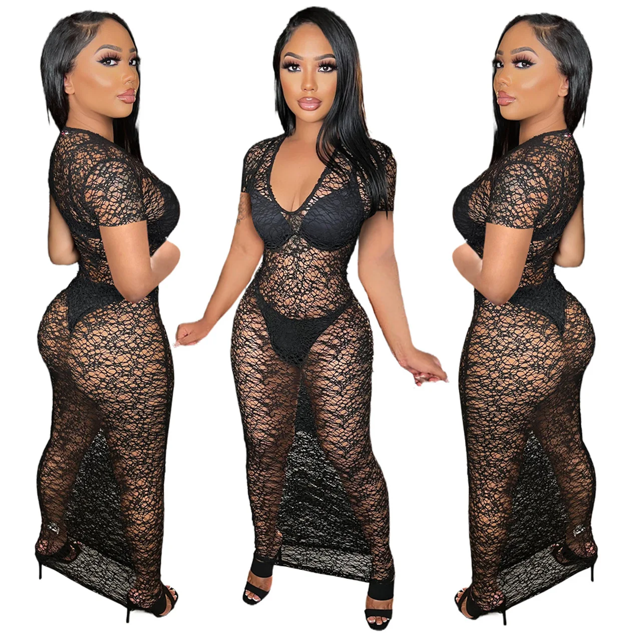 

Night scene perspective sexy women's skirt short sleeve V-neck high waist one-step Hip Wrap Dress
