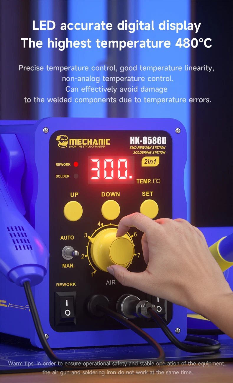 Фото Паяльная станция MECHANIC HK-8586D с цифровым дисплеем 2-в-1 и функцией автоматического спящего режима, точный контроль температуры, термофен и паяльник в комплекте №3